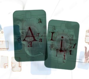 Two digitally illustrated green playing cards on a white background, with the letters A and I in capitals and lowercase calligraphy over modified photographs of human mouths in profile.